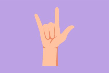 Çizgi film düz stil rock n roll el hareketi sembolü çiziyor. Ağır metal ya da dirençli el hareketi. Sözsüz işaretler ya da semboller. Eğitim için el varyasyonu şekli. Grafik tasarım vektör çizimi