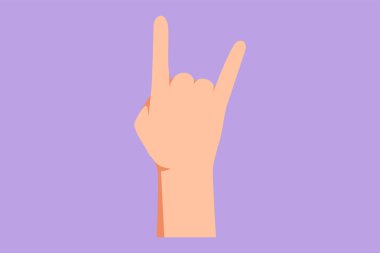 Grafiksel düz tasarım jest sembolüne taş çiziyor. Ağır metal el hareketi. Sözsüz işaretler ya da semboller. El varyasyonu şekli konsepti. Rock n Roll müzik ikonu. Çizgi film biçimi vektör illüstrasyonu