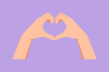 Grafiksel düz tasarım el çizimi işaret ya da işaret yapan kalp parmakları. Kopya alanı olan güzel eller. Aşk, ilişki, el hareketleriyle romantizm kavramı. Çizgi film biçimi vektör illüstrasyonu