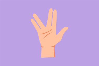 Grafiksel düz tasarım, avuç içi ileri ve başparmak uzatılırken, parmaklar mavi arkaplanda orta ve yüzük parmağı arasında bölünmüş durumda. Çizgi film biçimi vektör illüstrasyonu