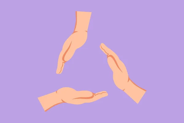 Grafische Flache Zeichnung Drei Handflächen Machen Dreieck Rahmen Form Symbol — Stockvektor
