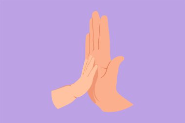 Çizgi film tarzı düz çizim, baba ve çocuğu beş jest yapıyor. Küçük bebeğin babasıyla bir bağı var. Kahraman baba ve aile gururu. Yeni doğmuş bebeğiyle mutlu bir baba. Grafik tasarım vektör çizimi