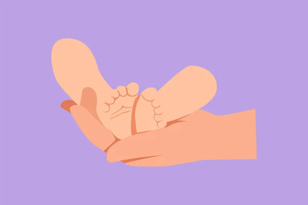 卡通平面风格的画可爱的婴儿的脚在妈妈的手中 刚出生的小宝宝的脚踩在女性的手上 妈妈和她的孩子 快乐的家庭观念 美丽的母性图形设计矢量说明 — 图库矢量图片