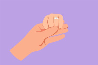 Grafik düz tasarım, evlilik teklifinden sonra mutlu nişanlı eli tutan çiftleri birbirine yaklaştırıyor. Evlilik kutlaması. Düğün gününde mutlu bir kadın. Çizgi film biçimi vektör illüstrasyonu