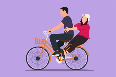 Çizgi film tarzı düz çizim. Çiftin bisiklet sürerken iyi eğlenceler. Romantik bisikletçi çift el ele tutuşuyor. Karı koca düğün günü bisiklete biniyorlar. Grafik tasarım vektör çizimi