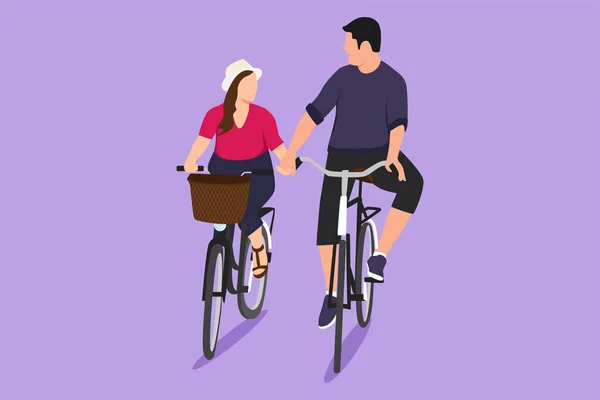 夏に屋外でサイクリングする幸せなカップルを描いたグラフィックフラットデザイン 手を握るロマンチックなサイクリングカップル 夫と妻の共生について 男性と女性が自転車に乗る 漫画スタイルベクターイラスト — ストックベクタ