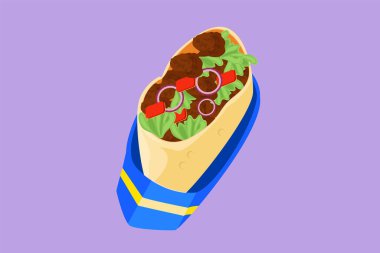Karakter dairesi taze acılı, çevrimiçi shawarma dükkanı logosu çiziyor. Et, salata ve domatesli arap böreği. Tavuk ve soğanlı kebap. Restoran menüsü için. Çizgi film tasarım vektör çizimi