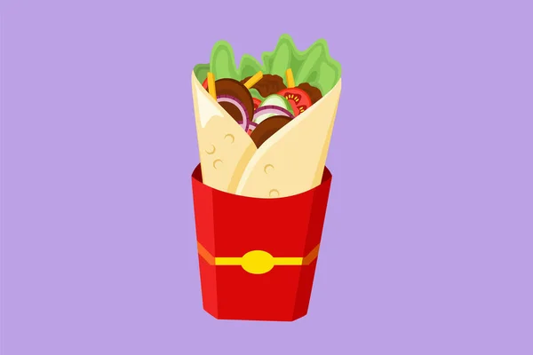 キャラクターフラット描画新鮮なホットスパイシーオンラインシャワーマショップのロゴ サラダ トマトが付いている美味しいアラビアのロール チキンとタマネギが付いているケバ レストランメニュー 漫画デザインベクターイラスト — ストックベクタ