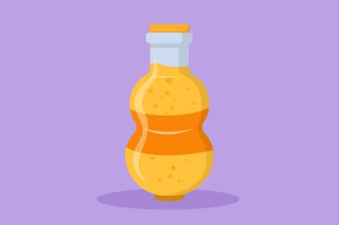 Plastik şişe logosu üzerine taze meşrubat çizen düz çizgi film tarzı. Lokanta, dükkan, yiyecek teslimatı için amblem içecek servisi. Yazın ferahlatıcı bir içki. Grafik tasarım vektör çizimi