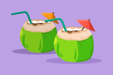 Çizgi film düz stil iki yeşil hindistan cevizi çiziyor ve pipet içiyor. Broşür, etiket, kart, logo, sembol için. Yazın susuzluk ve susuzluğu giderir. Sağlıklı bir hayat. Grafik tasarım vektör çizimi