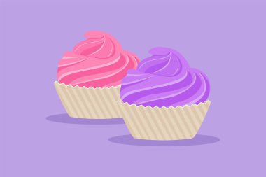 Grafik düz tasarım. Lezzetli Amerikan Kek Kurabiyeleri Logosu amblemi çiziyor. Tatlı pastane logoti şablonu kafe, dükkan, yemek teslimatı için. Çizgi film biçimi vektör illüstrasyonu