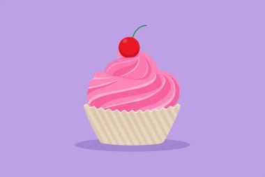 Çevrimiçi vişneli kek dükkanının logosuyla taze kek çizen karakter. Pasta kafe menüsü ve restoran rozeti konsepti güzelmiş. Lezzetli kurabiye logosu, broşür, çıkartma. Çizgi film tasarım vektör çizimi