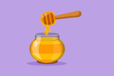 Karakter düz, cam kavanoza taze, doğal altın bal ve ahşap kaplama. Kafe ya da yiyecek teslimatı için sağlıklı bir organik gıda ikonu. Çizgi film tasarım vektör çizimi