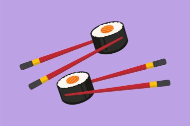 Grafik düz tasarım, lezzetli Japon suşi maki barını yemek çubuğu restoran logosu amblemiyle çiziyor. Japon deniz ürünleri kafe logoti şablon konsepti. Çizgi film biçimi vektör illüstrasyonu