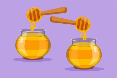Karakter düz, ahşap kaseye dipçiğiyle taze tatlı bal çiziyor. Doğal organik gıda şablonu. Sağlıklı destek logoti etiket sembolü. Çizgi film tasarım vektör çizimi