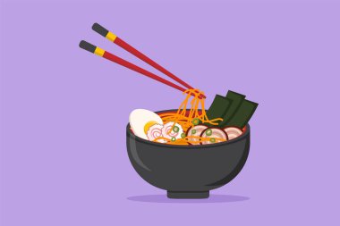 Çizgi film düz stil Japon ramen logosu, etiket, çıkartma, sembol. Kafe ya da yemek servisi için fast food noodle restoranının amblemi. Grafik tasarım vektör çizimi