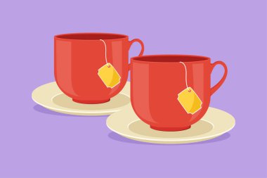 Çizgi film tarzı, çay poşeti ve bardak altlığı ikonu, broşür, etiket, sembol ile stilize edilmiş çay. Kafe ve içecek dükkanı için amblem çay dükkanı logosu konsepti. Grafik tasarım vektör çizimi