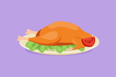 Karakter dairesi taze kızarmış hindi logosu çiziyor. Restoran menüsü ya da yemek servisi için bayram kutlaması festivali konsepti için tipik yemek menüsü. Çizgi film tasarım vektör çizimi