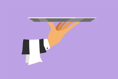 Elinde stilize edilmiş tepsi saatinin çizgi film çizimi. Restoran tabağı zarif bir garsonun elinde. Kafe, dükkan, restoran ve yemek servisi tepsisi. Grafik tasarım vektör çizimi