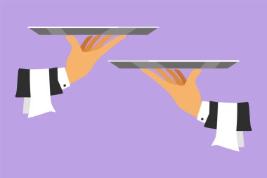 Grafik düz tasarım el sembolü olarak iki tepsi saat çiziyor. Restoran tabağı zarif bir garsonun elinde. Kafe, dükkan, restoran ve yemek servisi tepsisi. Çizgi film biçimi vektör illüstrasyonu