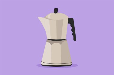 Çizgi film düz stil çizimi, stilize kahve logosu, şablon, etiket, çıkartma, sembol. Kafe ya da restoran için elektrikli kahve makinesi konsepti. Grafik tasarım vektör çizimi