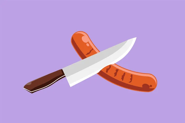 Dessin Animé Style Plat Saucisse Stylisée Sur Logotype Couteau Étiquette — Image vectorielle