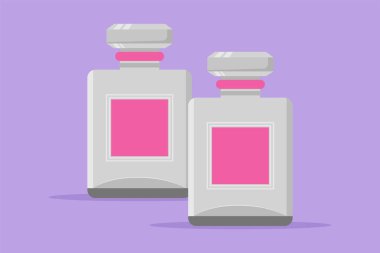 Çizgi film düz stil, stilize edilmiş parfüm ikonu kokusu. Lüks parfüm şişesi logoti etiketi, broşür, çıkartma, sembol. Güzel bir şişede kadın moda parfümü. Grafik tasarım vektör çizimi