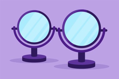 Karakter düz, ayakta daire şeklinde küçük makyaj aynası çiziyor. Modern kozmetik ekipmanları. İmaj ve güzellik prosedürü için parlak yansıtıcı camlar. Çizgi film tasarım vektör çizimi