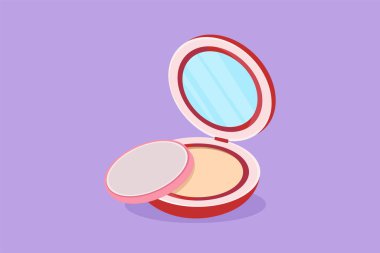 Çizgi film düz stil çizimi açık makyaj pudrası şişme kutusu. Kompakt pudra kutusu taslak ikonu. Güzellik ve makyaj sembolleri logoti şablon çıkartma kartı. Grafik tasarım vektör çizimi