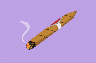 Duman logosu, etiket, etiket, simge ve simgeyle biçimlendirilmiş sigara içmenin düz çizimi. Tütün purosu izole edilmiş. Tütün içiyorum. Özel puro içiyorum. Çizgi film tasarım vektör çizimi