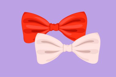 Şekil verilmiş kırmızı ve beyaz papyon logotinin çizgi film düz çizimi, şablon. Hippi aksesuarı. Resmi etkinlik için gerçekçi bir kıyafet. Zarif kıyafet objesi. Grafik tasarım vektör çizimi