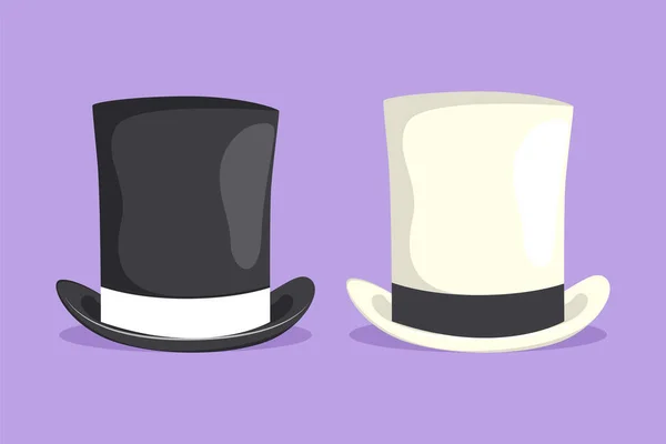 带彩带的黑白大绅士帽圆筒平面设计图纸集 古旧的顶帽 旧衣服 精致的魔法帽绅士的风格 卡通风格矢量插图 — 图库矢量图片