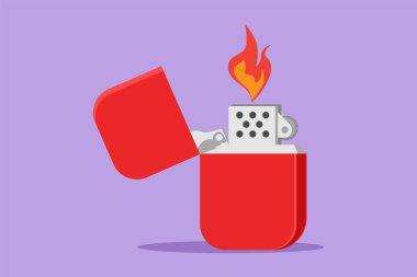 Çizgi film düz çizim metal sigara çakmağı logosu, etiket, şablon, sembol. Daha hafif bir ikondan ateş edin. Düz yakıtlı, manuel, çakmak. Grafik tasarım vektör çizimi