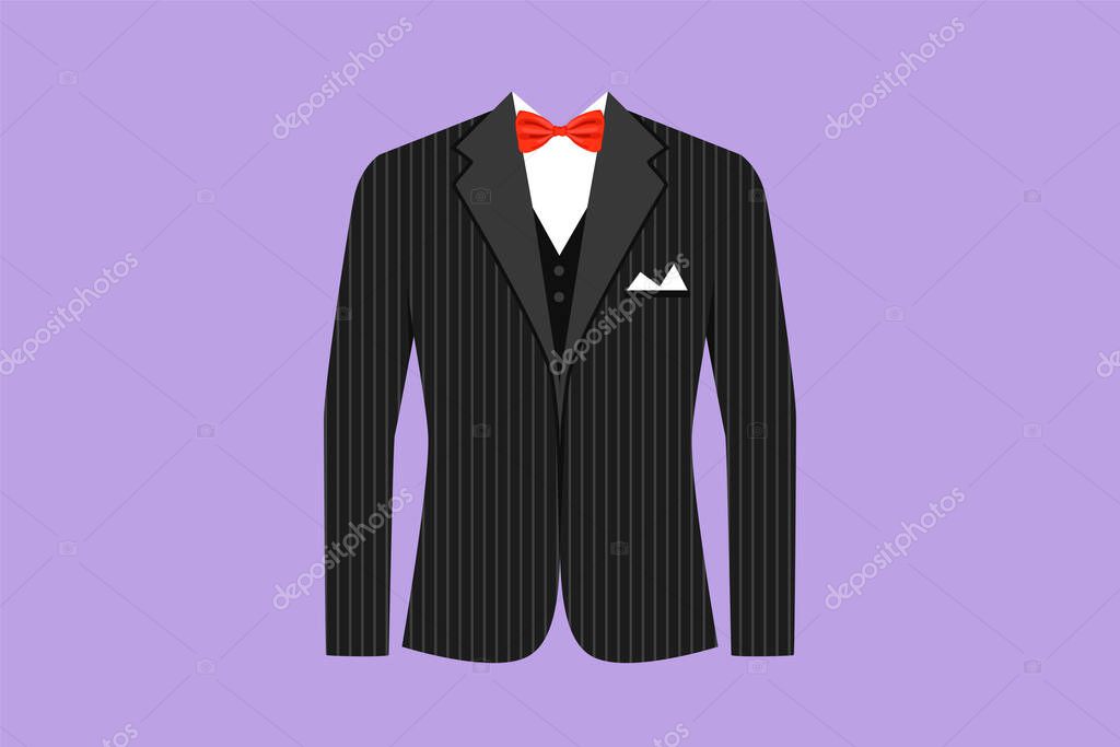 Graphic flat design drawing man formal suit logo, label, template, flyer, sticker, card, symbol. Men jacket. Wedding men suit, tuxedo. Clothes icon in business style. Cartoon style vector illustration