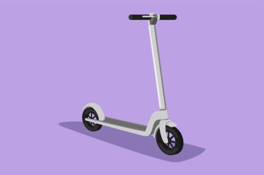 Karakter düz çizimli elektrikli scooter logosu, etiket, el ilanı, çıkartma, kart, simge. Sürdürülebilir taşıma. Scooter 'ı tekmele. Kentsel yaşam tarzı için çevre taşımacılığı. Çizgi film tasarım vektör çizimi