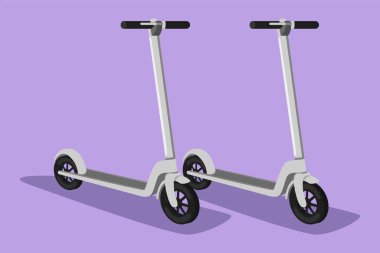 Grafik düz tasarım stilize elektrikli scooter logosu, etiket, simge, sembol çiziyor. Sürdürülebilir taşıma. Vatandaş tekme scooter 'ı. Kentsel yaşam tarzı için çevre taşımacılığı. Çizgi film biçimi vektör illüstrasyonu