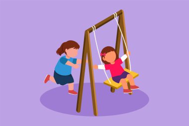 Character flat drawing cute little girl swinging on swing and her friend helped push from behind at school. Kids playing swing together in kindergarten playground. Cartoon design vector illustration clipart