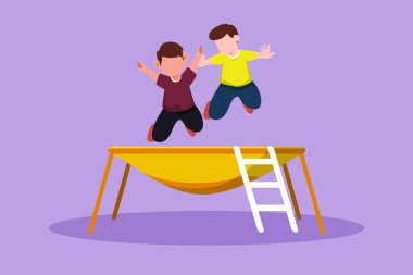Trambolinde birlikte zıplayan iki küçük çocuğun grafiksel çizimi. Trambolinde zıplayan mutlu çocuklar. Çocuk parkında oyun oynayan aktif çocuklar. Çizgi film biçimi vektör illüstrasyonu