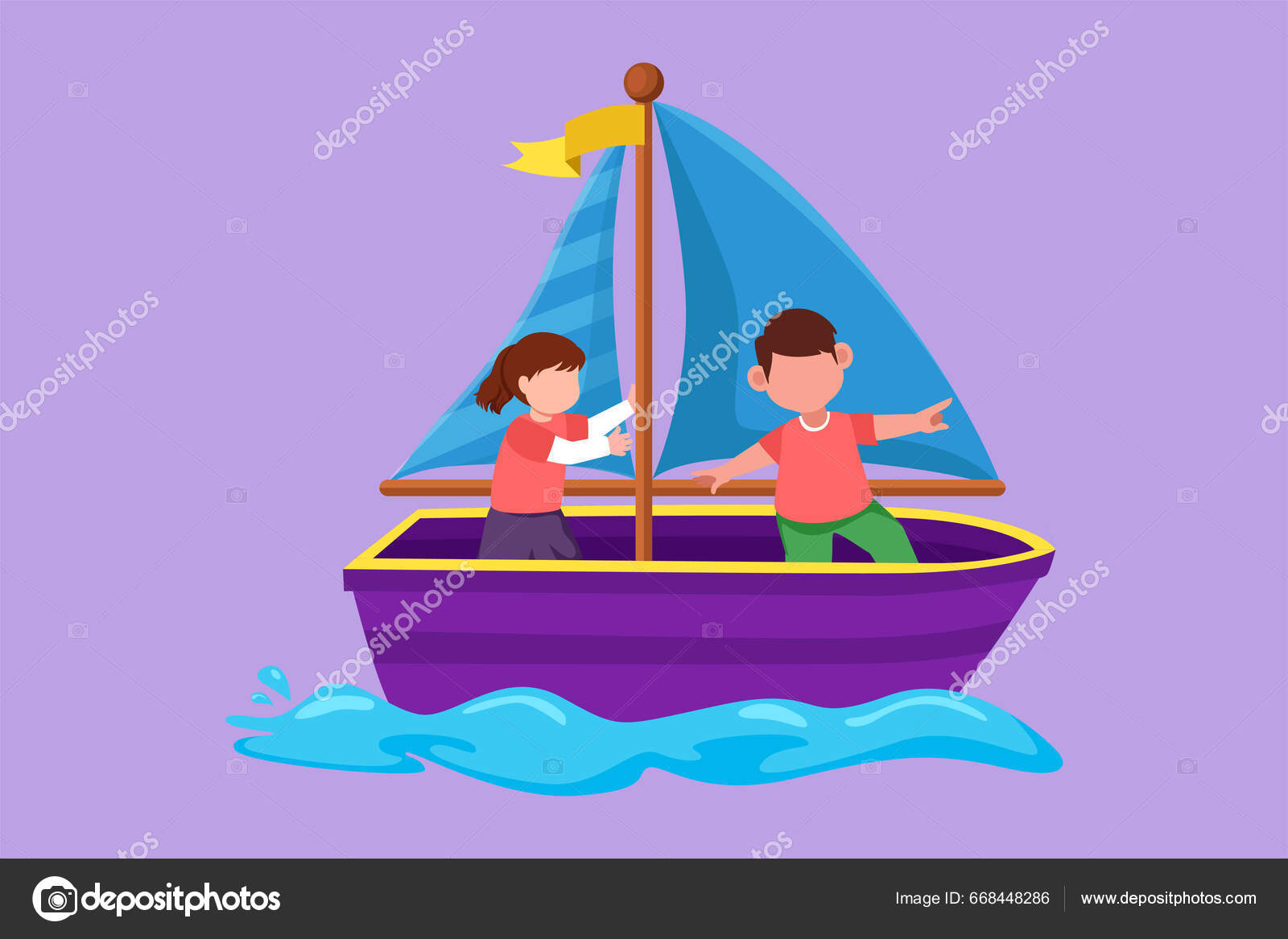 Cartoon Flat Style Drawing Cheerful Little Boy Girl Sailboat