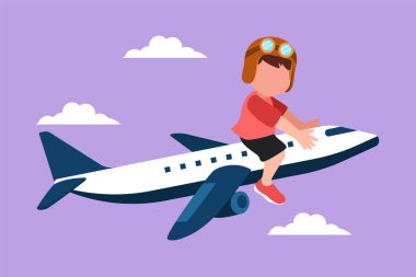 Küçük oyuncak uçağa binen sevimli küçük bir çocuğun grafiksel tasarımı. Uçaktaki mutlu çocuklar. Elektrikli oyuncak uçağa binen çocuklar, yaz yolculuğu, seyahat konsepti. Çizgi film biçimi vektör illüstrasyonu