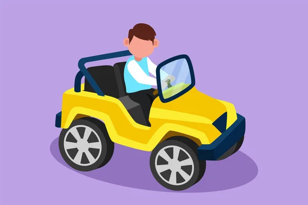 Charakter Płaski Rysunek Wesoły Mały Chłopiec Jazdy Duży Elektryczny Samochód — Wektor stockowy