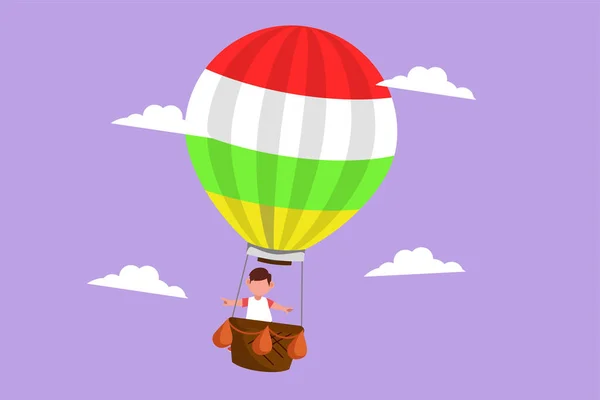 Karakter Lapos Rajz Aranyos Kisfiú Áll Dobozban Hőlégballon Hőlégballon Kaland — Stock Vector