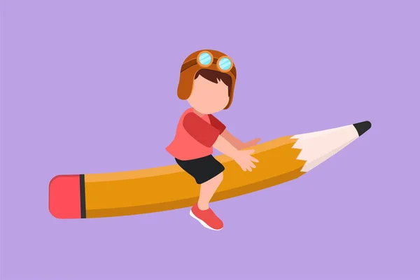 Charakter Flache Zeichnung Glücklicher Kleiner Junge Sitzt Auf Fliegendem Bleistift — Stockvektor