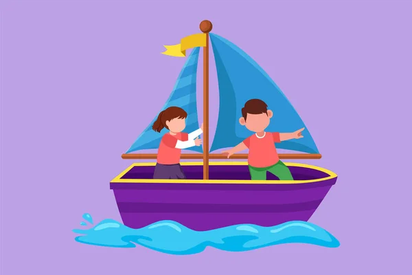 Cartoon Flat Style Drawing Cheerful Little Boy Girl Sailboat Together — Stock Vector