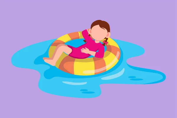 Cartoon Flat Style Drawing Cute Little Girl Floating Lifebuoy Relax — Stock Vector