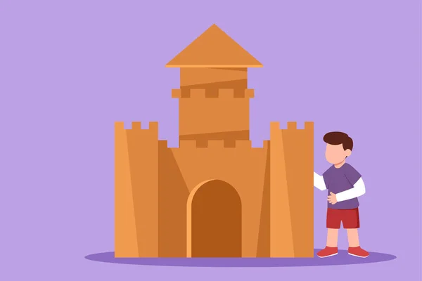 Графический Плоский Рисунок Очаровательного Мальчика Играющего Замке Картонных Коробок Счастливый — стоковый вектор