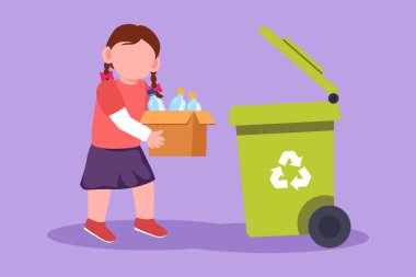 Geri dönüşüm için çöp ve plastik atık toplayan güzel bir kızın düz çizimi. Aktif çocuklar plastik şişeleri çöpe atıyorlar. Eko-eğitim. Çizgi film tasarım vektör çizimi