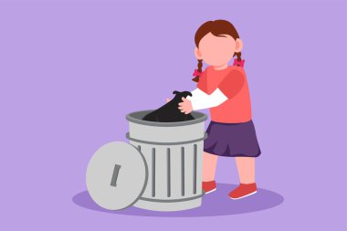 Çöpü dışarı çıkaran güzel bir kız çiziyor. Evde ev işleri yapan sevimli çocuklar var. Ekoloji temalı kampanya. Çocuklar için çevre eğitimi. Çizgi film tasarım vektör çizimi