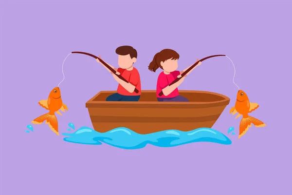 Cartone Animato Disegno Stile Piatto Sorridente Ragazzini Ragazze Che Pescano — Vettoriale Stock