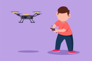 Çizgi filmde uzaktan kumandalı uzaktan kumandalı neşeli küçük bir çocuğun çizimi. Quadcopter 'la oynayan sevimli çocuk. Mutlu çocuk uçan robot kamera dronunu kontrol ediyor. Grafik tasarım vektör çizimi